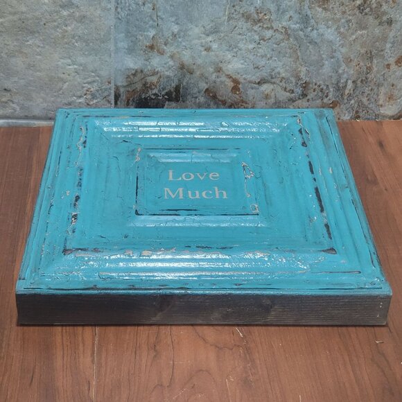 Turquoise Distressed Love Much Tin Metal on Wood Frame Hanging Wall Decor - Picture 11 of 12